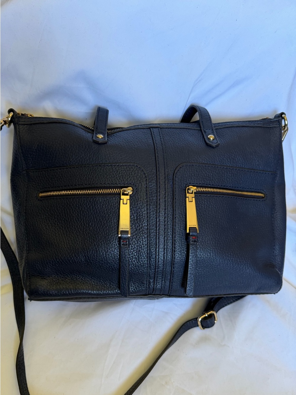 Tommy Hilfiger Navy Blue Pebbled Leather Satchel Purse Excellent Condition